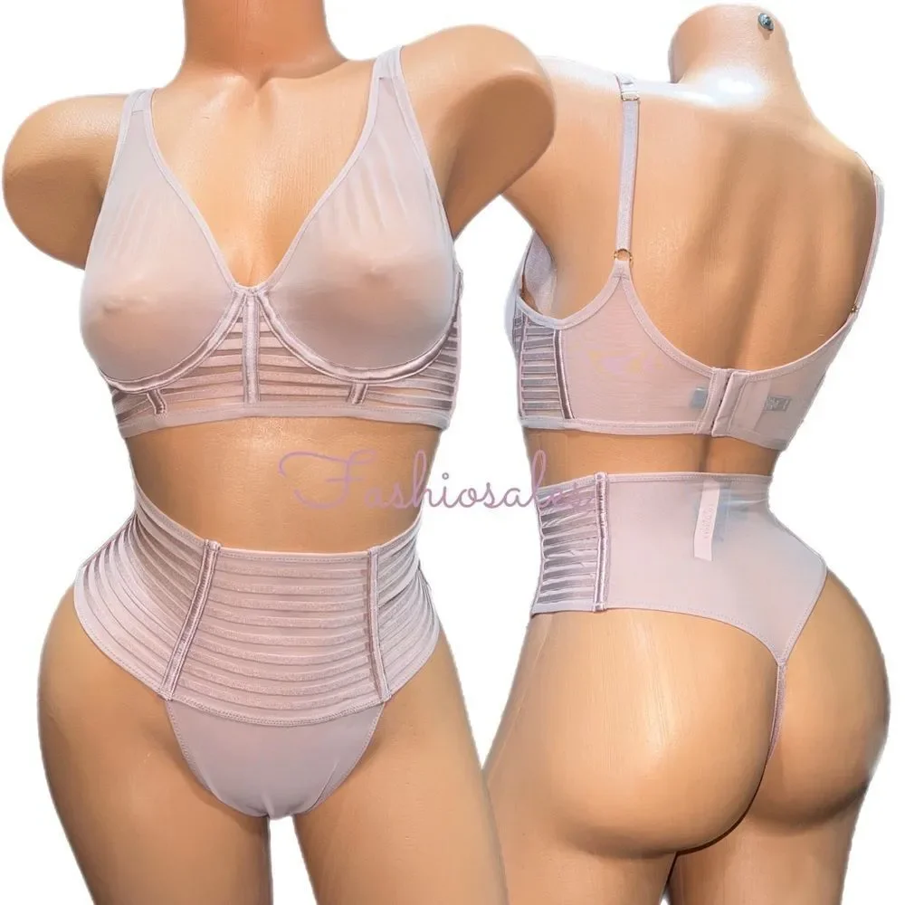 Victoria’s Secret Set Sexy Sheer Mesh Unlined Plunge bra & High Waist Thong pink